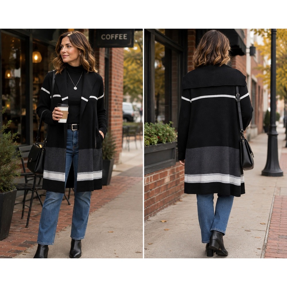 ALYX XL Longline Open Front Cardigan Black Gray Striped Shawl Collar Sweater
